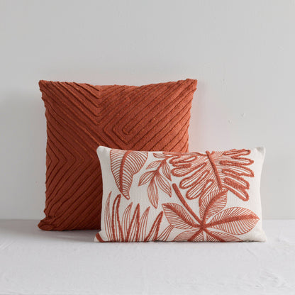 Coussin à motif feuillage - Blanc/Terre cuite - 30 x 50 cm