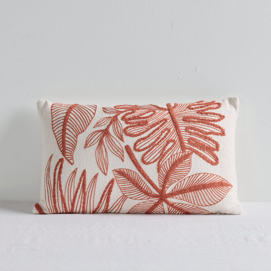 Coussin à motif feuillage - Blanc/Terre cuite - 30 x 50 cm
